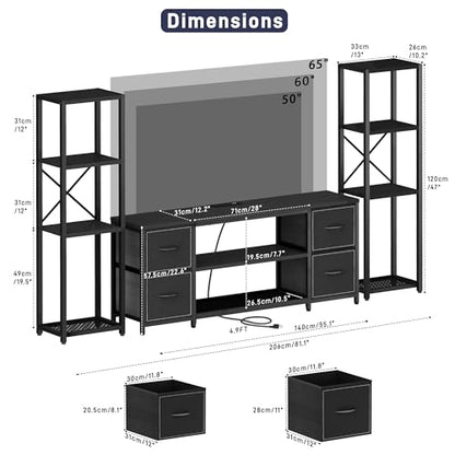 Yenlure LED TV Stand Bookshelf Combo with Charging Station for 65 60 55 Inch TV, Entertainment Center with Lights & Drawers, Industrial Media TV Console Table for Living Room Bedroom Office, Black - color: Black