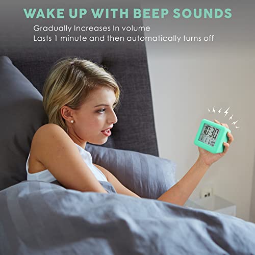 Plumeet Digital Alarm Clock Kids Clock with Snooze and White Nightlight - Easy Setting Travel Alarm Clocks Display Time, Date, Alarm - Ascending Sound - Battery Powered (Cyan) - color: Cyan