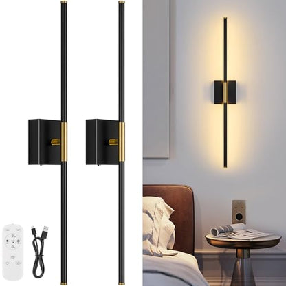Wall Sconces Set of Two with Remote Control 29.1 in Dimmable Black Gold Battery Operated Wall Lights 350° Ratation 3000K-6000K LED Wireless Rechargeable Sconce for Bathroom Living Room Bedroom - color: Black & Gold, size: 29.1in(2 Pack)