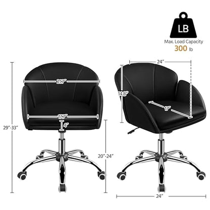 Yaheetech Black Petal Faux Leather Makeup Vanity Desk Chair, Swivel Wheels | Easy-clean faux leather cushioned seat fits makeup vanity, nail salon or office desks; adjustable height, swivel, fast setup. - color: Black