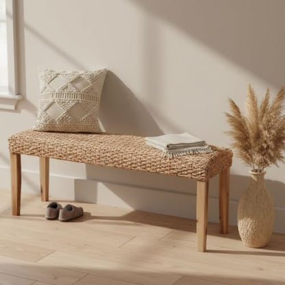 Indoor Wicker Bench 47" Solid Wood Acacia & Natural Woven Seat, Natural Leg | Living Room, Dining Bench or End of Bed Bench, Boho Rustic Farmhouse Style - color: Plait - Natural Leg & Water Hyacinth