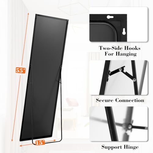 Sweetcrispy 55"x15" Full Length Mirror, Standing Full Body Mirror, Black | Aluminum Alloy Thin Frame, Floor or Standing, Suitable for Bedroom, Living Room, Cloakroom - color: Black-rectangle, size: 55"L x 15"W