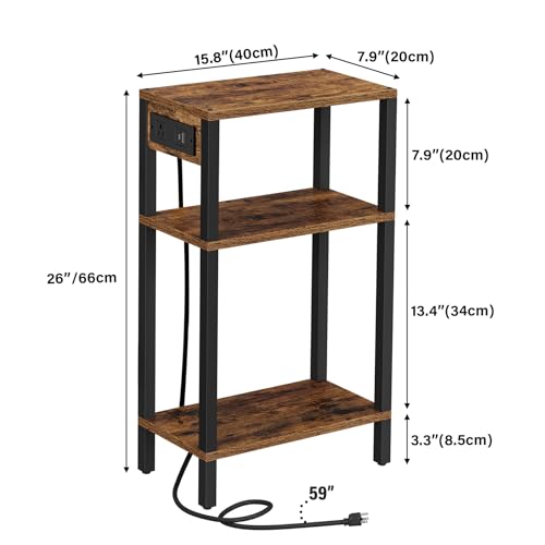TUTOTAK Narrow Side Table, 3-Tier Small End Table with Charging Station | Skinny Sofa Table, Slim Nightstand, Easy Assembly for Living Room, Bedroom, Brown TB01BB079 - color: Brown, size: 3-tier