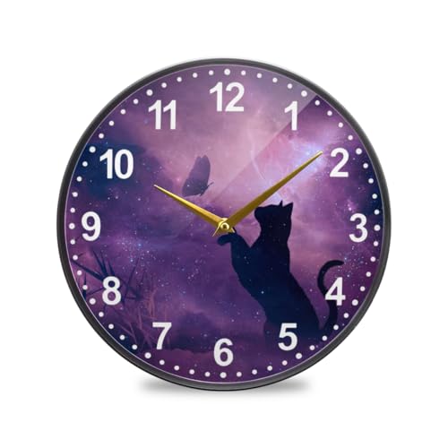 ALAZA Cat and Butterfly in Purple Galaxy Starry Wall Clock Battery Operated Silent Non Ticking Clocks for Living Room Decor 12 Inch / 9.5 Inch - color: Cat, size: 12x12in