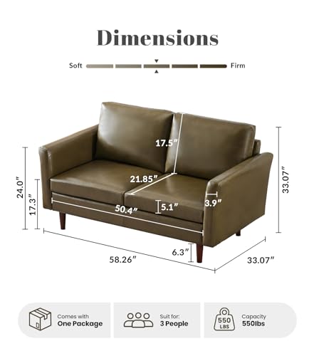 58" Faux Leather Loveseat Sofa, Mid Century Modern Leather Couch for Living Room, Small Love Seat for Small Spaces, 2-Seater Mini Sofa with Rolled Arms and Deep Seats, Olive Green - color: Olive Green, size: Loveseat