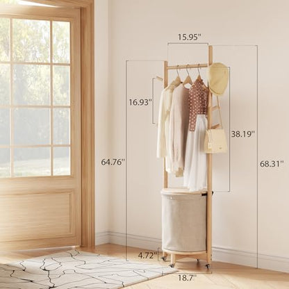 CycleCrew Solid Wood Coat Rack with Fabric Basket - Freestanding Coat Rack Rolling Coat Tree with 9 Hooks Wheels, Small Clothes Rack For Entryway Bedroom Hallway Living Room - color: Natural