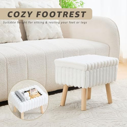 Wimarsbon Storage Ottoman,Soft Faux Fur Footstool with Padded Seat, Small Reading Vanity Chair, Footrest with Wood Tray for Couch, Mini Coffee Table or Display Stand (Cream)