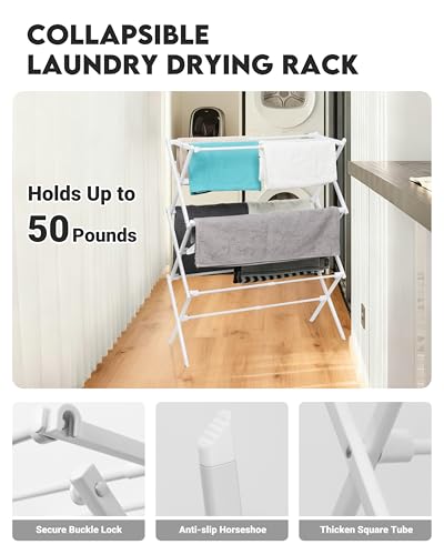 3-Tier Metal Folding Clothes Drying Rack, Laundry Drying Rack Clothing | Collapsible Dryer Racks for Laundry | Indoor & Outdoor, White - color: White
