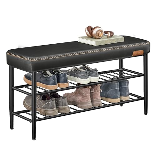 VASAGLE Shoe Bench, Synthetic Leather with Stitching, Loads 300 lb | Shoe Rack Bench Entryway, Transitional, 39.4 x 11.8 x 19.7 Inches, Ink Black, EKHO Collection ULSB113B01 - color: Ink Black, size: 39.4"W