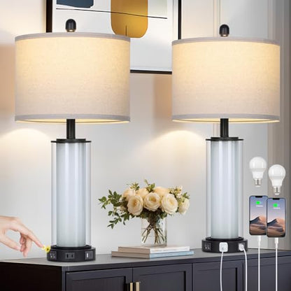 Black Glass Table Lamps Set of 2, 26" Living Room Lamp with Built-in Frosted Glass Night Light, Modern Bedroom Lamp with USB C+A Ports & AC Outlet, Bedside Lamps for Nightstand (4 Bulbs Included) - color: Black