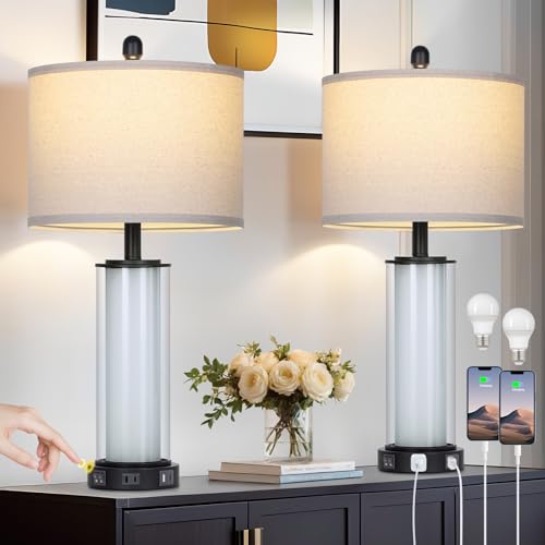 Black Glass Table Lamps Set of 2, 26" Living Room Lamp with Built-in Frosted Glass Night Light, Modern Bedroom Lamp with USB C+A Ports & AC Outlet, Bedside Lamps for Nightstand (4 Bulbs Included) - color: Black