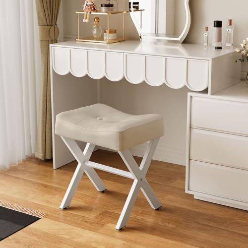 18-Inch Leather Vanity Stool Chair, Beige Makeup Stool | Vanity Bench, Metal X-Leg, Ottoman Accent Stool, Thick Padded Saddle Seat, 300 LBS, 16.3"x12.4"x18", For Living Room Bedroom - size: Small, style: Beige Leather