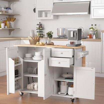 50.4" Kitchen Island with Drop Leaf & Power Outlet, Farmhouse Rolling Island Cart with 3 Spices Shelves on Wheels, Mobil Kitchen Island Table with Rubberwood Countertop Towel Rack, White - size: White