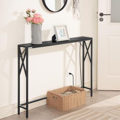 MAHANCRIS 5.9" Narrow Sofa Table with Charging Station, 39.4 Behind Couch Table with Outlet, Slim Entryway Console Table, Small Space, for Hallway, Living Room, Foyer, Black CTHB151E01 - color: Black