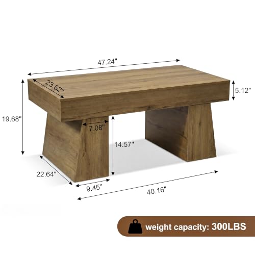 Farmhouse Coffee Table, 47" Retro Brown Wooden Accent Center Table | Modern Low Cocktail Tea Furniture for Living Room, Rustic Brown Finish, Scratch & Water Resistant MDF, Easy Assembly