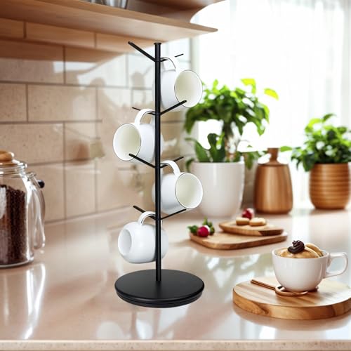360° Rotating Mug Tree, Large 8 Hooks Upgraded Stable Metal Mug Holder, Bamboo Base Coffee Mug Cup Rack for Counter Top, Mug Display, Home Storage and Cup Organizer, Black - size: 8 hooks 360°