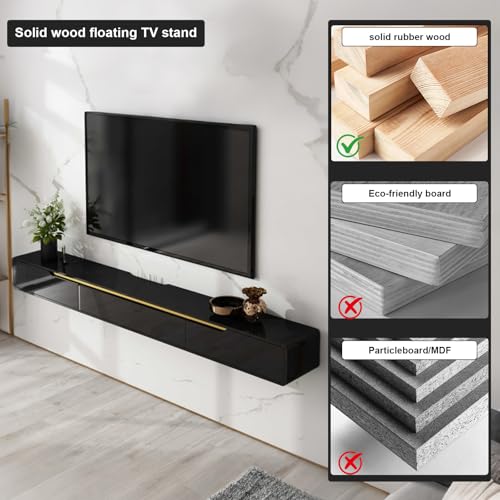 Solid Wood Floating TV Stand Wall Mounted, Black, 55" Wall Mounted Entertainment Center Console, Hanging tv Media Shelf for Living Room, Bedroom (DSGBLACK-A, 55IN) - color: Dsgblack-a, size: 55IN