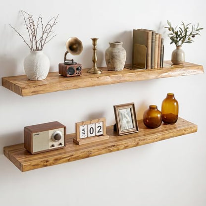 Dreamland 36 Inch Long Floating Shelves Set of 2, Rustic Solid Elm Wood Live Edge Floating Shelf Wall Mounted, 8 Inch Deep Wooden Wall Shelves for Living Room, Bedroom, Bathroom, Kitchen, Natural - color: Natural, size: Live Edge - 36"L