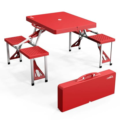 VINGLI 4 Ft Portable Folding Picnic Table Camping Table Foldable Set with 4 Seats with Umbrella Hole Suitcase Card Table-220 Lbs Support Aluminum Frame, Plastic RV Tabletop for Yard, Travel - color: Red