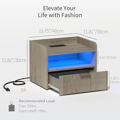 Veegle White Floating Nightstand with Charging Station and LED Lights (Grey) - color: Grey
