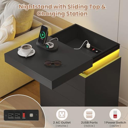 ADORNEVE Black Large Modern Night Stand Set of 2 | Tall Nightstand with Charging Station & LED Light & Sliding Top,Bedside Table with Drawers,Bed Side Tables Bedroom - color: Black, size: 2PC