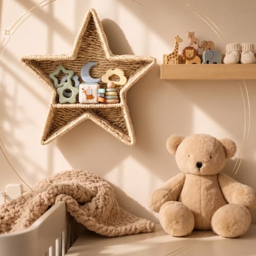 Star Nursery Wall Shelf Decor Boho Rattan Wicker Floating Shelves Handwoven Natural Rattan Hanging Organizer Storage Basket for Small Books Toys Nursery Bathroom Living Room Bedroom Corner - style: Star