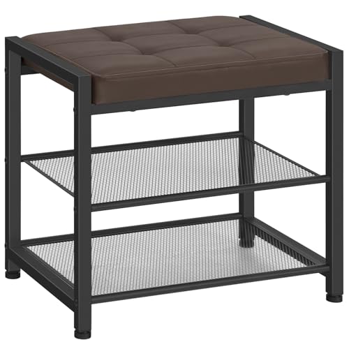 HOOBRO Small Shoe Bench, 3-Tier Shoe Rack, Shoe Storage Bench with PU Seat Cushion, Entryway Shoe Rack Bench with Metal Mesh Shelves, Freestanding Shoe Organizer for Hallway, Brown CB33HX01 - color: Brown + Black