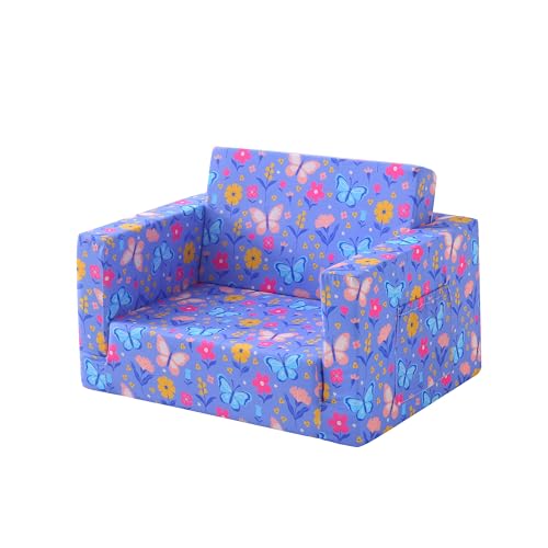 lasoftan Toddler Couch, 2-in-1 Soft Kids Couch Bed Fold Out, Toddler Chairs Comfy for Boys & Girls, Convertible Kids Sofa for Playroom, Gift for Birthday, Children's Day - Purple Butterflies - color: Purple Butterflies