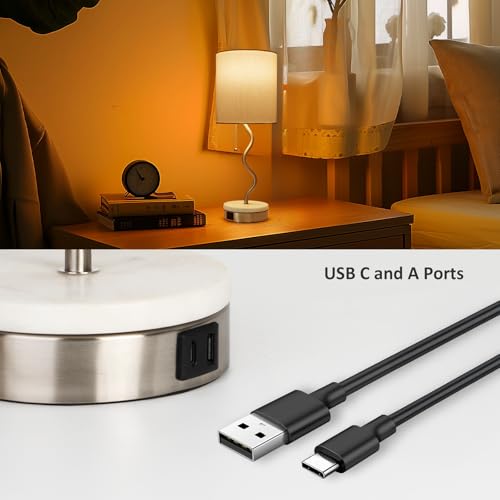 Marble Base Table Lamp - Modern Bedside Lamp with USB Port & Pull Chain, Lamp for Bedroom, Living Room, or Office - Elegant Marble and Metal Design - color: Silver+Marble