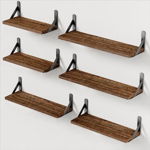Amada Solid Paulownia Wood Wall Shelves, Medium Size, 6 Pcs, Brown | Wood Floating Shelves with Metal Brackets, 2 Ways to Install, Flexible 6-Piece Arrangement for Bathroom & Bedroom Wall Decor - color: Brown, size: Medium