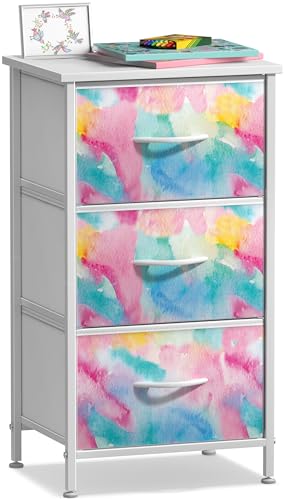 Sorbus Nightstand with 3 Drawers - Bedside Furniture & Accent End Table Chest for Home, Bedroom Accessories, Office, College Dorm, Steel Frame, Wood Top, Pastel Fabric Bins - color: Rainbow Sparkle, style: 3 Drawer