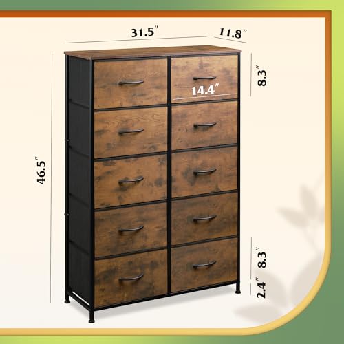 WLIVE Tall Dresser for Bedroom, Rustic Brown Wood Grain Print | 10 Drawers, Fabric Dresser for Closet, Storage Tower with Cabinet, Metal Frame - color: Rustic Brown Wood Grain Print