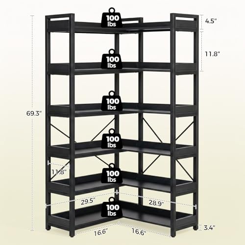 GTPLAYER 6-Tier Corner Bookshelf, L-Shaped Metal Frame Shelf with Tall 14" Shelves, Plant Stand and Storage Rack for Small Spaces, Living Room and Home Office, Black - color: Black, size: 6 Tier