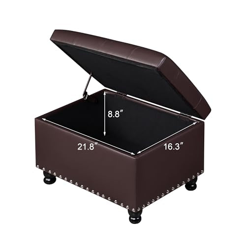 Adeco Faux Leather Storage Ottoman Bench with Safety Hinge, 23-Inch Upholstered Footrest Stool for Entryway & Living Room, Holds 350 lbs, Black - color: Matte Dark Brown - Leather