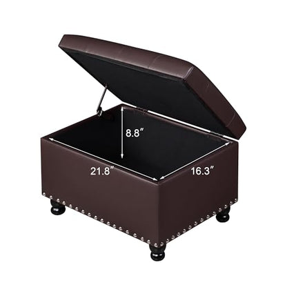 Adeco Faux Leather Storage Ottoman Bench with Safety Hinge, 23-Inch Upholstered Footrest Stool for Entryway & Living Room, Holds 350 lbs, Black - color: Matte Dark Brown - Leather