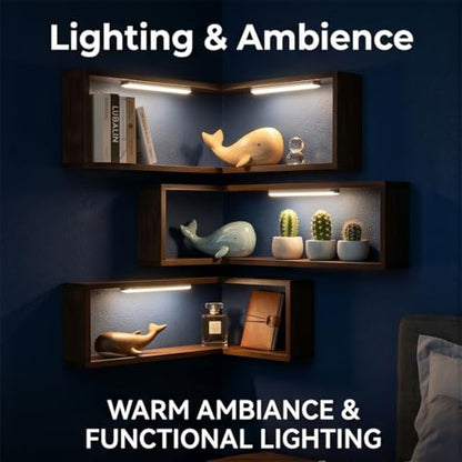 Floating Corner Shelves Set of Three Wall Mounted Wood Storage Display Rack Space Saving Organizer for Bedroom Living Room Kitchen(Includes LEDs) (2)