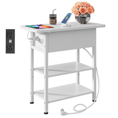 WLIVE 3-Tier End Table with Charging Station Flip Top Narrow Nightstand | 2 USB Ports+2 AC Outlets; Flip Top Hidden Storage; 2 Open Shelves; Small Space Living Room Bedroom; Sturdy Carbon Steel Frame - color: White