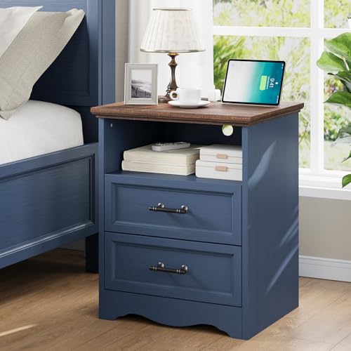 YANSNWO Blue Nightstand with Charging Station, 19.7" 2-Drawer End Table | 2 USB Ports & 2 AC Outlets, Brushed Metal Handles, Unique Base Design, Modern Farmhouse for Bedroom/Living Room/Hallway - color: Blue, size: 15.6"D x 19.7"W x 23.6"H (2 Drawers)