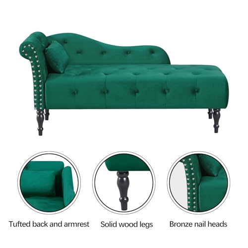 60" Modern Velvet Chaise Lounge Indoor,Upholstered Lounge Chair with Left Armrest and Lumbar Pillow, Button Tufted Lounge Sofa for Living Room Bedroom Office,Mini Chaise Longue Sofa (Green) - color: Green