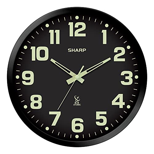 Sharp 12-Inch Atomic Wall Clock, Battery Operated, Glow in Dark | Self-setting atomic time; Easy-read analog face; Automatic time adjustment; Simple setup; Versatile home or office style - color: Black/Glow in Dark, size: Large