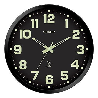 Sharp 12-Inch Atomic Wall Clock, Battery Operated, Glow in Dark | Self-setting atomic time; Easy-read analog face; Automatic time adjustment; Simple setup; Versatile home or office style - color: Black/Glow in Dark, size: Large