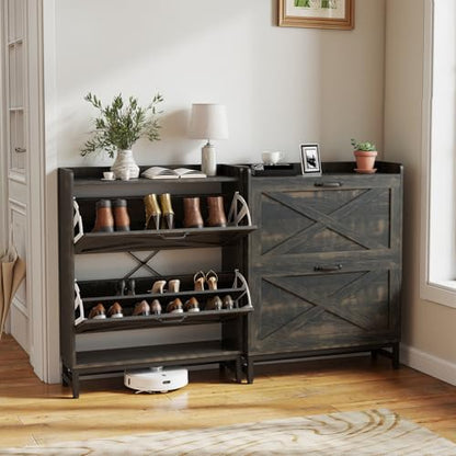 Miereirl Rustic Farmhouse Shoe Cabinet with 2 Flip Drawers, Narrow Entryway Shoe Storage Organizer for 12–16 Pairs, Space-Saving Hallway Shoe Rack with Metal Frame & Top Shelf for Bags (Dark Gray)