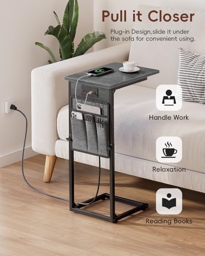 C Shaped End Table with Charging Station, C Table End Table Adjustable Height, Small Side Table for Couch, Sofa Table Slide Under Couch TV Tray Arm Table for Living Room, Bedroom, Gray Walnut - color: Gray Walnut, style: With Plug