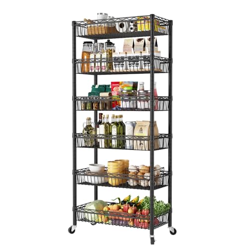 SINGAYE 6 Tier Shelf Wire Shelving Adjustable Storage Shelves Basket Rack | Adjustable Shelves with Wheels Metal Storage Unit Closet Bathroom Organizers Pantry Kitchen Garage Laundry Room Black - color: Black, size: 6-Tier[30"Dx13.5"Wx65"H]
