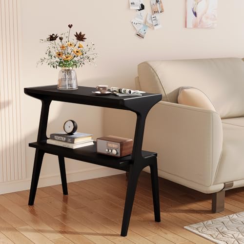 Solid Wood End Table | 2-Tier Side Table with Storage Shelf, Accent Slim Bedside Table for Sofa, Living Room, Bedroom, Small Space, Black - color: Black