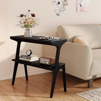 Solid Wood End Table | 2-Tier Side Table with Storage Shelf, Accent Slim Bedside Table for Sofa, Living Room, Bedroom, Small Space, Black - color: Black
