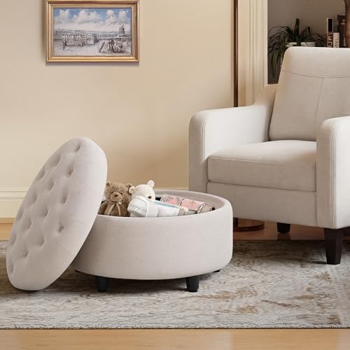 COLAMY Round Hidden Storage Ottoman with Reversible Tray Lid – Multi-Functional Footrest, Sturdy & Stylish Fabric Coffee Table for Living Room, Bedroom, or Entryway, Beige - color: Beige