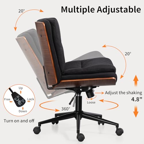 Armless Modern Walnut Office Desk Chair with Wheels, Adjustable Wide Swivel Task Chair, Ergonomic Cross Legged Fabric Chair for Conference Room, Home Office (Black) - color: Black (Linen)
