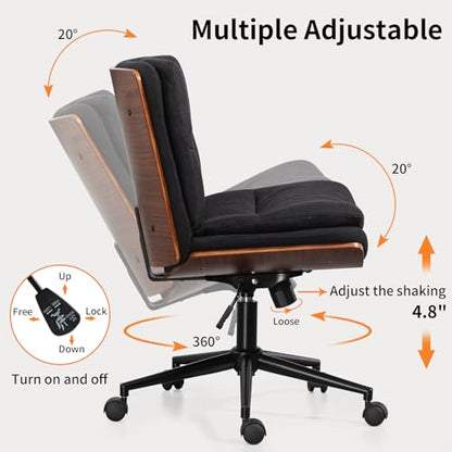 Armless Modern Walnut Office Desk Chair with Wheels, Adjustable Wide Swivel Task Chair, Ergonomic Cross Legged Fabric Chair for Conference Room, Home Office (Black) - color: Black (Linen)
