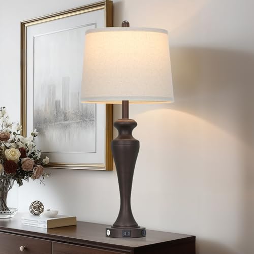 CINSARY 30 Inch Tall Brown Table Lamp Single, Touch Control Living Room Lamp with USB A+C Ports and AC Outlet, 3-Way Dimmable Bedside Lamps for Nightstand, Modern Metal Bedroom Lamps for End Table - color: Brown (1 Pack)